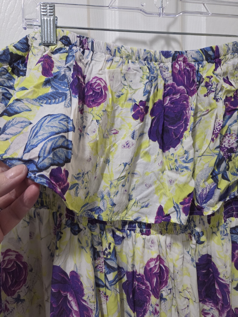 torrid Off-Shoulder Floral Maxi Dress in Purple, Lime, and Blue